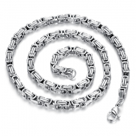 Bijuterii barbati - Lant de gat, model Byzantine, placat cu aur 18K, 6mm, 55 cm, otel inoxidabil, Tessero, argintiu