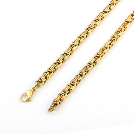 Bijuterii barbati - Lant de gat, model Byzantine, placat cu aur 18K, 6mm, 55 cm, otel inoxidabil, Tessero, auriu