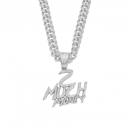 Bijuterii barbati - Lant model Cuban Chain cu pandantiv Hip Hop " 2 Much Money ", pietre zirconiu, placat cu aur 18K, unisex, 50 cm, Tessero, argintiu