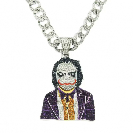 Bijuterii barbati - Lant model Cuban Chain cu pandantiv Hip Hop avatar Joker, pietre zirconiu, placat cu aur 18K, unisex, 50 cm, Tessero, argintiu