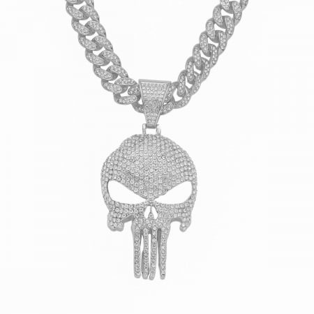 Bijuterii barbati - Lant model Cuban Chain cu pandantiv Hip Hop cap de mort, pietre zirconiu, placat cu aur 18K, unisex, 50 cm, Tessero, argintiu