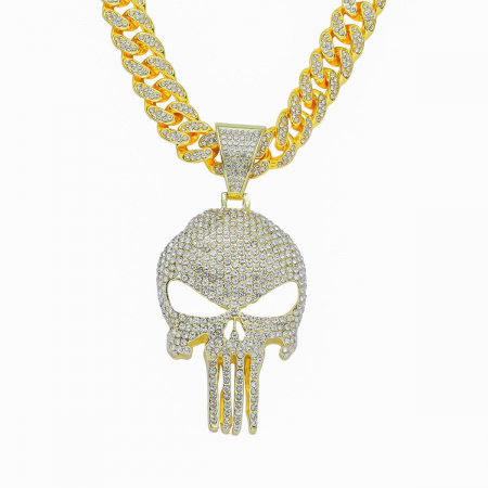 Bijuterii barbati - Lant model Cuban Chain cu pandantiv Hip Hop cap de mort, pietre zirconiu, placat cu aur 18K, unisex, 50 cm, Tessero, auriu