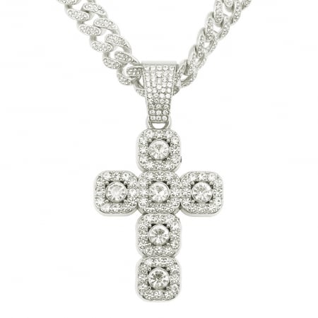 Bijuterii barbati - Lant model Cuban Chain cu pandantiv Hip Hop Diamond Iced Out in forma de cruce, pietre zirconiu, placat cu aur 18K, unisex, 50 cm, Tessero, argintiu