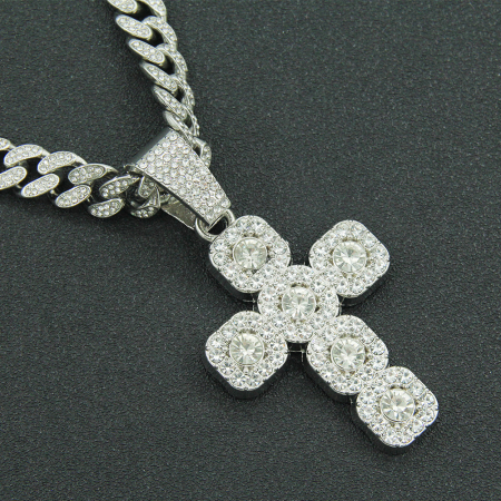 Lant model Cuban Chain cu pandantiv Hip Hop Diamond Iced Out in forma de cruce, pietre zirconiu, placat cu aur 18K, unisex, 50 cm, Tessero, argintiu [1]