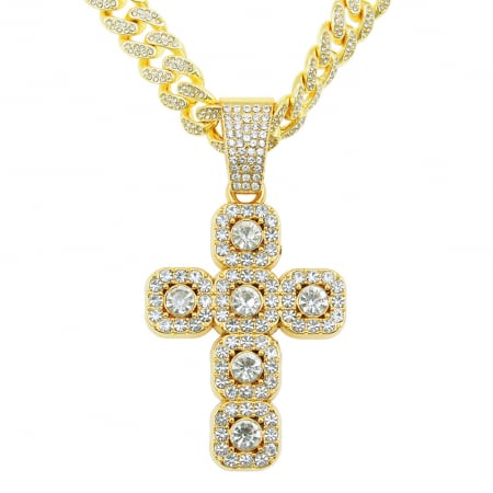 Lant model Cuban Chain cu pandantiv Hip Hop Diamond Iced Out in forma de cruce, pietre zirconiu, placat cu aur 18K, unisex, 50 cm, Tessero, auriu [2]