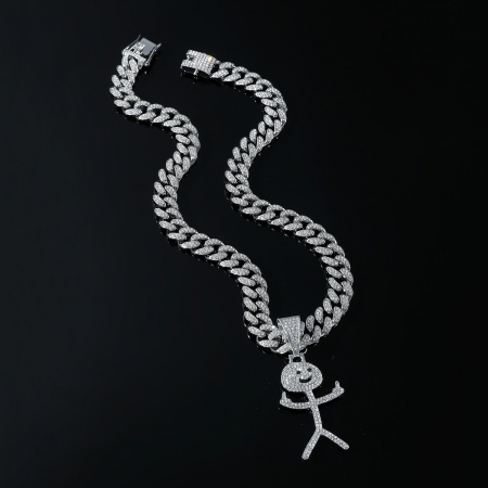 Lant model Cuban Chain cu pandantiv Hip Hop Diamond Iced Out in forma de figurina vulgara, pietre zirconiu, placat cu aur 18K, unisex, 50 cm, Tessero, argintiu [3]