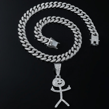Lant model Cuban Chain cu pandantiv Hip Hop Diamond Iced Out in forma de figurina vulgara, pietre zirconiu, placat cu aur 18K, unisex, 50 cm, Tessero, argintiu [2]