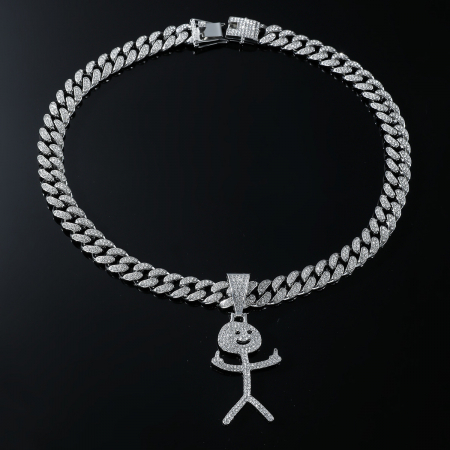 Lant model Cuban Chain cu pandantiv Hip Hop Diamond Iced Out in forma de figurina vulgara, pietre zirconiu, placat cu aur 18K, unisex, 50 cm, Tessero, argintiu [1]
