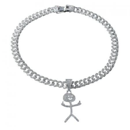 Bijuterii barbati - Lant model Cuban Chain cu pandantiv Hip Hop Diamond Iced Out in forma de figurina vulgara, pietre zirconiu, placat cu aur 18K, unisex, 50 cm, Tessero, argintiu