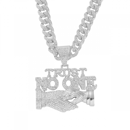 Bijuterii barbati - Lant model Cuban Chain cu pandantiv Hip Hop Diamond Iced Out Trust No One, pietre zirconiu, placat cu aur 18K, unisex, 50 cm, Tessero, argintiu