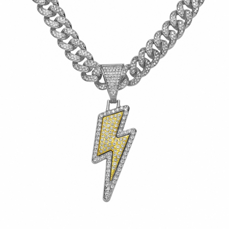 Lant model Cuban Chain cu pandantiv Hip Hop Iced Out in forma de fulger, pietre zirconiu, placat cu aur 18K, unisex, 50 cm, Tessero, argintiu [1]