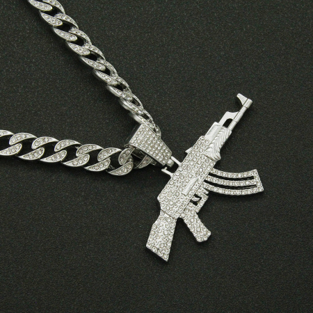 Lant model Cuban Chain cu pandantiv Hip Hop Iced Out in forma de pusca AK47, pietre zirconiu, placat cu aur 18K, unisex, 50 cm, Tessero, argintiu [1]