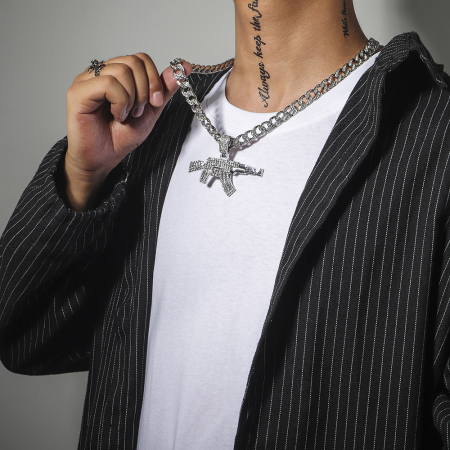 Lant model Cuban Chain cu pandantiv Hip Hop Iced Out in forma de pusca AK47, pietre zirconiu, placat cu aur 18K, unisex, 50 cm, Tessero, argintiu [2]