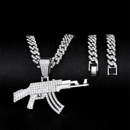 Lant model Cuban Chain cu pandantiv Hip Hop Iced Out in forma de pusca AK47, pietre zirconiu, placat cu aur 18K, unisex, 50 cm, Tessero, argintiu [3]