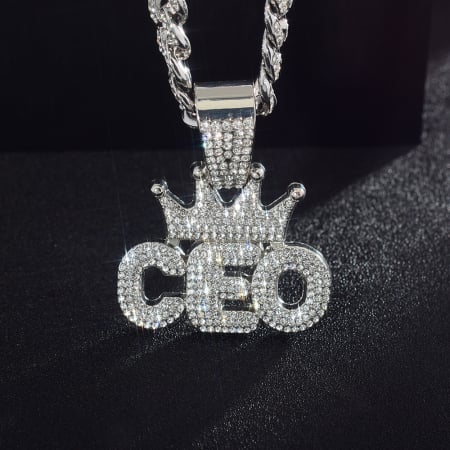 Lant model Cuban Chain cu pandantiv Hip Hop Iced Out inscriptionat CEO, director executiv, pietre zirconiu, placat cu aur 18K, unisex, Tessero, argintiu [3]