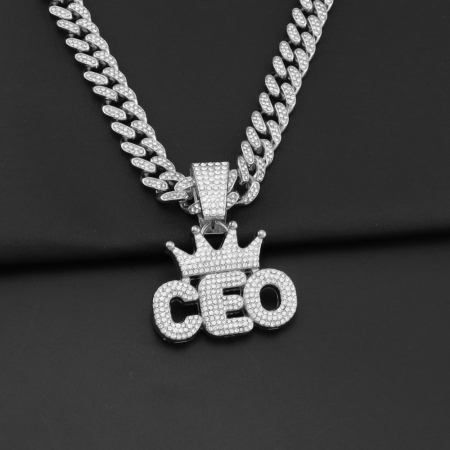Lant model Cuban Chain cu pandantiv Hip Hop Iced Out inscriptionat CEO, director executiv, pietre zirconiu, placat cu aur 18K, unisex, Tessero, argintiu [1]