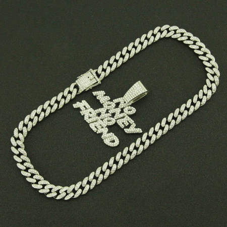 Lant model Cuban Chain cu pandantiv Hip Hop Iced Out No Money No Friend, pietre zirconiu, placat cu aur 18K, unisex, 50 cm, Tessero, argintiu [1]