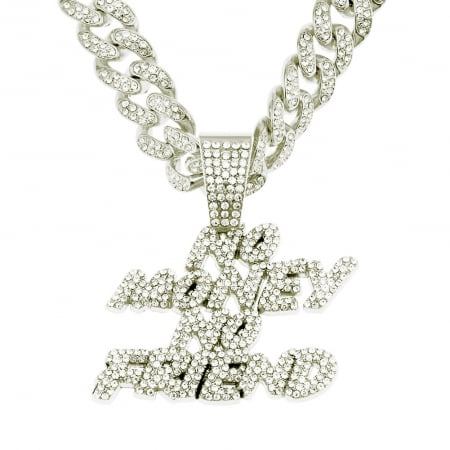 Bijuterii barbati - Lant model Cuban Chain cu pandantiv Hip Hop Iced Out No Money No Friend, pietre zirconiu, placat cu aur 18K, unisex, 50 cm, Tessero, argintiu