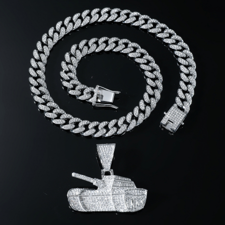 Lant model Cuban Chain cu pandantiv Hip Hop in forma de tanc, pietre zirconiu, placat cu aur 18K, unisex, 50 cm, Tessero, argintiu [1]