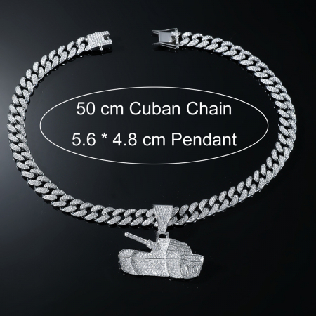 Bijuterii barbati - Lant model Cuban Chain cu pandantiv Hip Hop in forma de tanc, pietre zirconiu, placat cu aur 18K, unisex, 50 cm, Tessero, argintiu