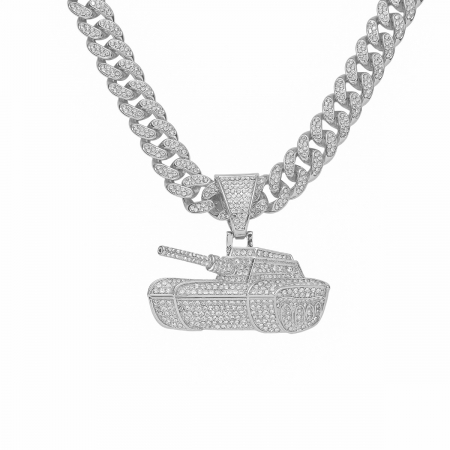 Lant model Cuban Chain cu pandantiv Hip Hop in forma de tanc, pietre zirconiu, placat cu aur 18K, unisex, 50 cm, Tessero, argintiu [2]