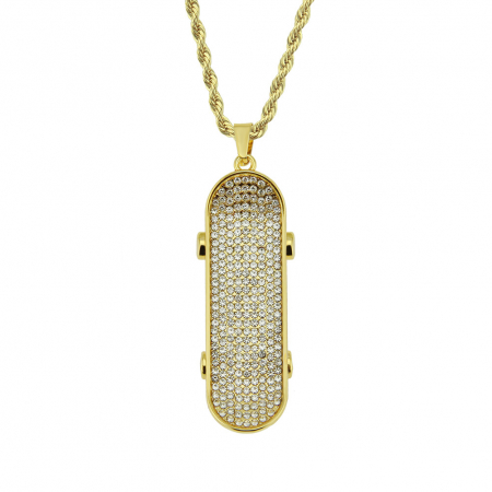Bijuterii barbati - Lant model Rope cu pandantiv Hip Hop in forma de skateboard, pietre zirconiu, placat cu aur 18K, unisex, 60 cm, Tessero, auriu