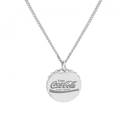 Bijuterii barbati - Lantisor barbatesc design cubic cu pandantiv in forma de capac de sticla Coca-Cola, otel inoxidabil, 60 cm, Tessero, argintiu