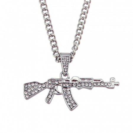 Bijuterii barbati - Lantisor cu pandantiv AK47, placat cu aur 18K, pietre zirconiu, argintiu