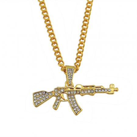 Bijuterii barbati - Lantisor cu pandantiv AK47, placat cu aur 18K, pietre zirconiu, auriu