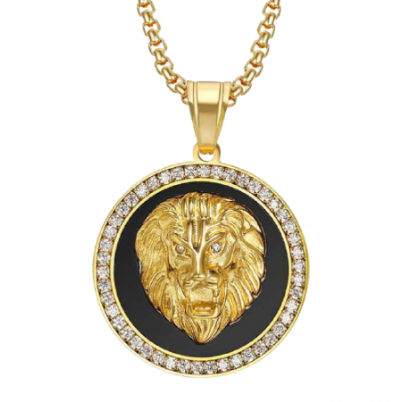 Lantisor cu pandantiv cap de leu, pietre zirconiu, otel inoxidabil, placat cu aur 18K, auriu [0]