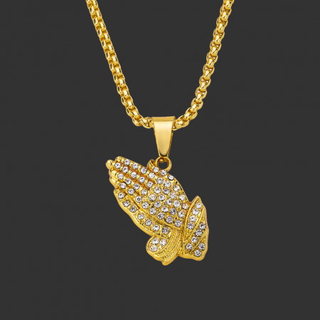 Bijuterii barbati - Lantisor cu pandantiv Iced Out. maini in postura de rugaciune, pietre zirconiu, placat cu aur 18K, Tessero, auriu