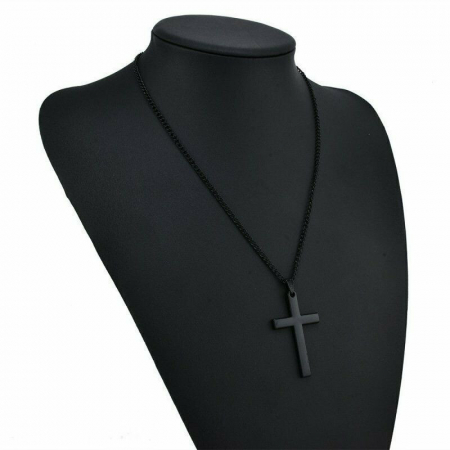 Bijuterii barbati - Lantisor cu pandantiv in forma de cruce, aliaj metalic, Tessero, negru