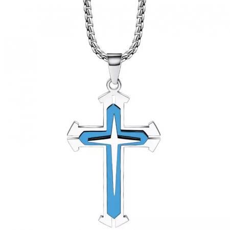 Bijuterii barbati - Lantisor cu pandantiv in forma de cruce cu efect dublu, placat cu argint, unisex, Tessero, albastru