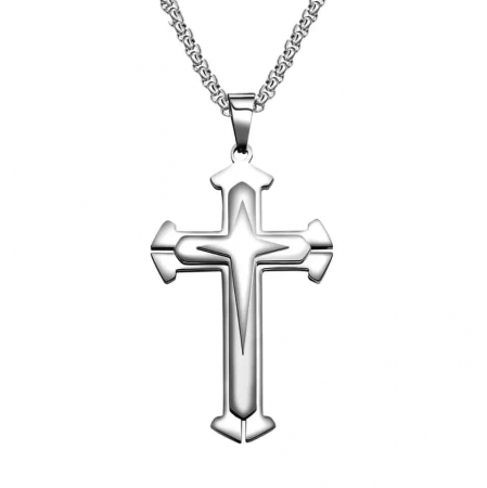 Bijuterii barbati - Lantisor cu pandantiv in forma de cruce cu efect dublu, placat cu argint, unisex, Tessero, argintiu