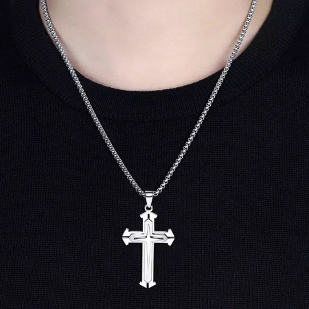 Lantisor cu pandantiv in forma de cruce cu efect dublu, placat cu argint, unisex, Tessero, argintiu [1]