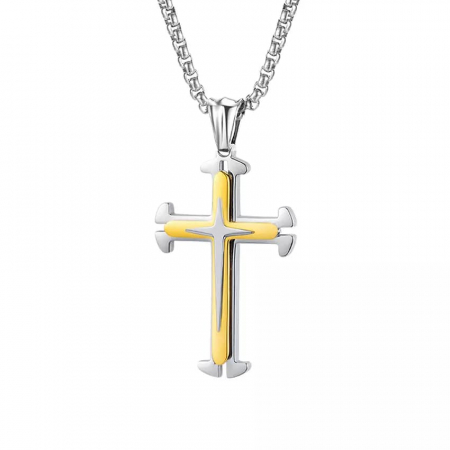 Bijuterii barbati - Lantisor cu pandantiv in forma de cruce cu efect dublu, placat cu argint, unisex, Tessero, auriu