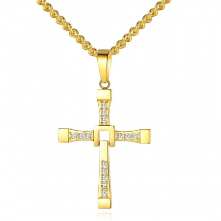 Bijuterii barbati - Lantisor cu pandantiv in forma de cruce cu incrucisare flexibila, model Fast and Furious, Dominic Torreto, placat cu aur 18K, otel inoxdabil, pietre zirconiu, Tessero, auriu