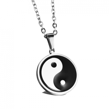 Bijuterii barbati - Lantisor cu pandantiv in forma de moneda cu Yin si Yang din otel inoxdabil, unisex, Tessero, argintiu si negru