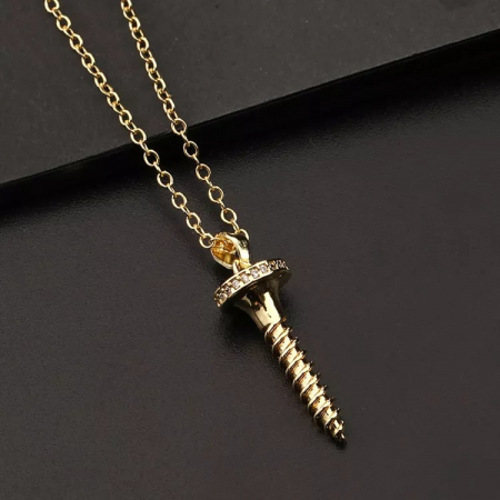 Lantisor cu pandantiv in forma de surub, model cu pietre zirconiu, placat cu aur 18K, unisex, Tessero, auriu [2]