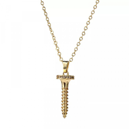 Bijuterii dama - Lantisor cu pandantiv in forma de surub, model cu pietre zirconiu, placat cu aur 18K, unisex, Tessero, auriu