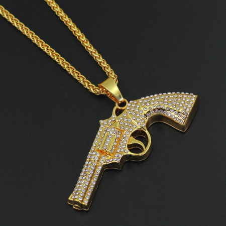 Lantisor cu pandantiv Revolver Hip Hop, insertii de zirconiu, placat cu aur 18K, auriu [3]