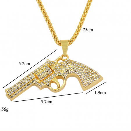 Bijuterii barbati - Lantisor cu pandantiv Revolver Hip Hop, insertii de zirconiu, placat cu aur 18K, auriu