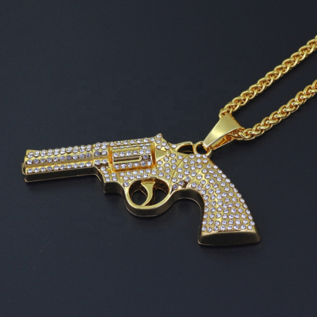 Lantisor cu pandantiv Revolver Hip Hop, insertii de zirconiu, placat cu aur 18K, auriu [2]