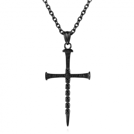 Lantisor cu pandantiv Septem peccata, model cruce, detalii in forma de cap de mort, otel inoxidabil, placat cu argint, Tessero, negru [1]