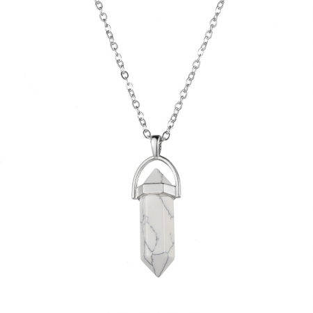 Bijuterii dama - Lantisor cu pandantiv vindecator in forma de hexagon din piatra semipretioasa, cristal de ametist, unisex, alb