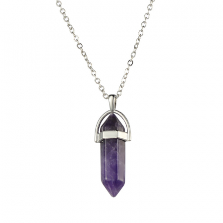Bijuterii dama - Lantisor cu pandantiv vindecator in forma de hexagon din piatra semipretioasa, cristal de ametist, unisex, mov
