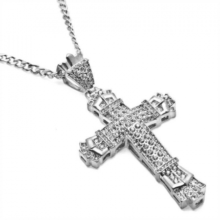 Lantisor Cuban Chain cu pandantiv Iced Out in forma cruce, model byzantine, pietre zirconiu, placat cu aur 18K, Tessero, argintiu [1]