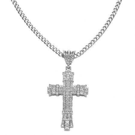Bijuterii barbati - Lantisor Cuban Chain cu pandantiv Iced Out in forma cruce, model byzantine, pietre zirconiu, placat cu aur 18K, Tessero, argintiu
