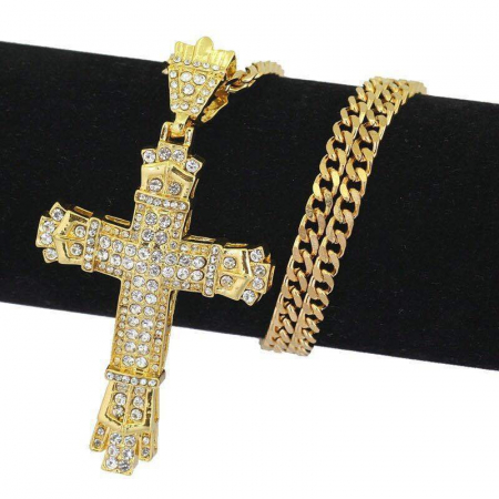 Lantisor Cuban Chain cu pandantiv Iced Out in forma cruce, model byzantine, pietre zirconiu, placat cu aur 18K, Tessero, auriu [1]
