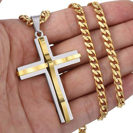 Bijuterii barbati - Lantisor Cuban Chain simplu cu pandantiv in forma de cruce iesita in relief, otel inoxidabil, placat cu aur 18k, Tessero, auriu